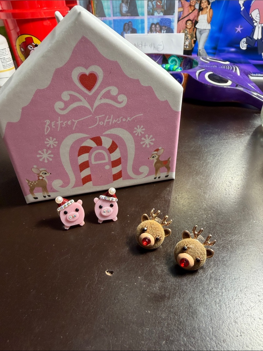 Betsey Johnson Pink Pig and Brown Reindeer Kids Earring Set